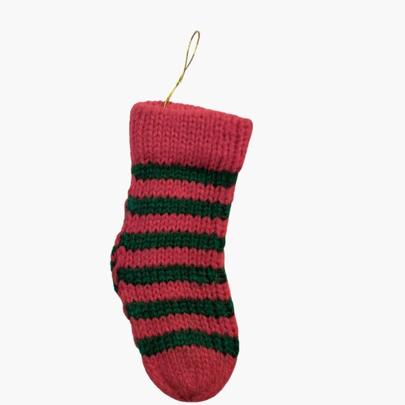 Miniature Red Green Striped Knit Christmas Stocking Ornament 3 inch - Picture 2 of 3